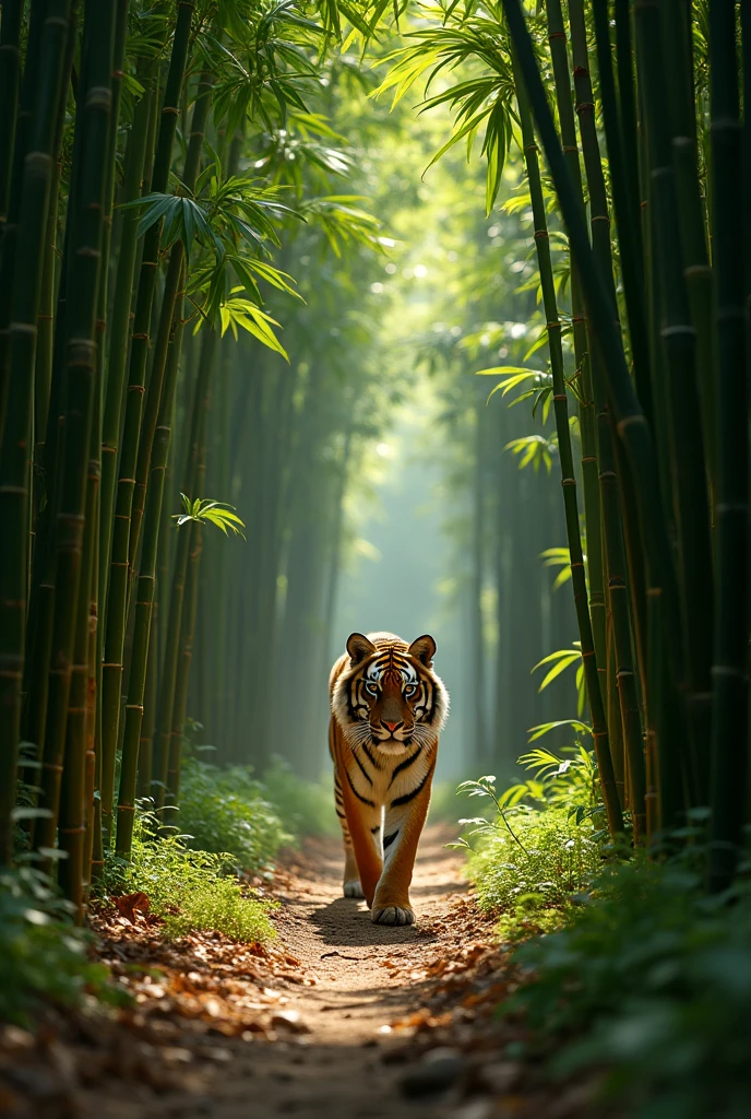 Densely grown bamboo forest, A tiger emerges coolly from the bamboo forest, Southeast Asia, long shot