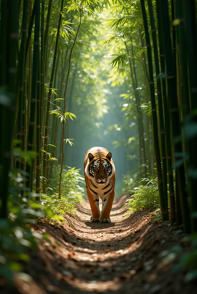 Densely grown bamboo forest, A tiger emerges coolly from the bamboo forest, Southeast Asia, long shot