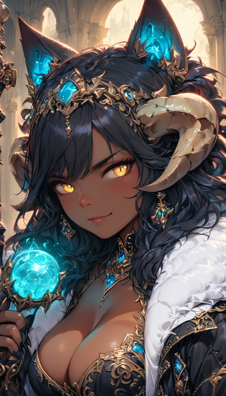 best quality,4k,8k, highres, masterpiece:1.2), ultra-detailed, extremely detailed eyes, extremely detailed body, (large masterpiece digital art), (detailed manga illustration), (detailed line art), ((perfect anatomy)), (intricate details:1.3), (ultra-detailed:1.3), (illustration:1.3), (sharp focus:1.3), (natural lighting:1.05), (vivid colors:1.3), (masterpiece), (best quality:1.4), (perfect anatomy:1.4), high quality, expressive eyes, full body, detailed face, beautiful face, perfect face, 1girl, ((dark skin)), animal ears, black sclera, smile, colored sclera, breasts, solo, monster girl, black hair, (wolf ears), large breasts, curvy, wide hips, long hair, ((gold eyes)), claws, grin, fur, looking at viewer, collar, ((dynamic action pose)), tail, (wolf tail), {(dragon horns)}, demon horns, wings, sadistic smile, hair over eye, {regal outfit}, tiny crown, blue fire, curvy, sexy dress, dark skin, cinematic lighting, dramatic atmosphere, Beautiful woman, dragon spear in hand, Jeff Bridges, ((cartoon style)), Marvel Cinematic Universe style, (((hell castle in the background))), soft bokeh of hellscape, Atey Ghailan, Jeremy Mann, Greg Manchess, Antonio Moro, trend in ArtStation, trend in CGSociety, Intricate, High Detail, Sharp focus, dramatic and photorealistic painting art by Midjourney and Greg Rutkowski,