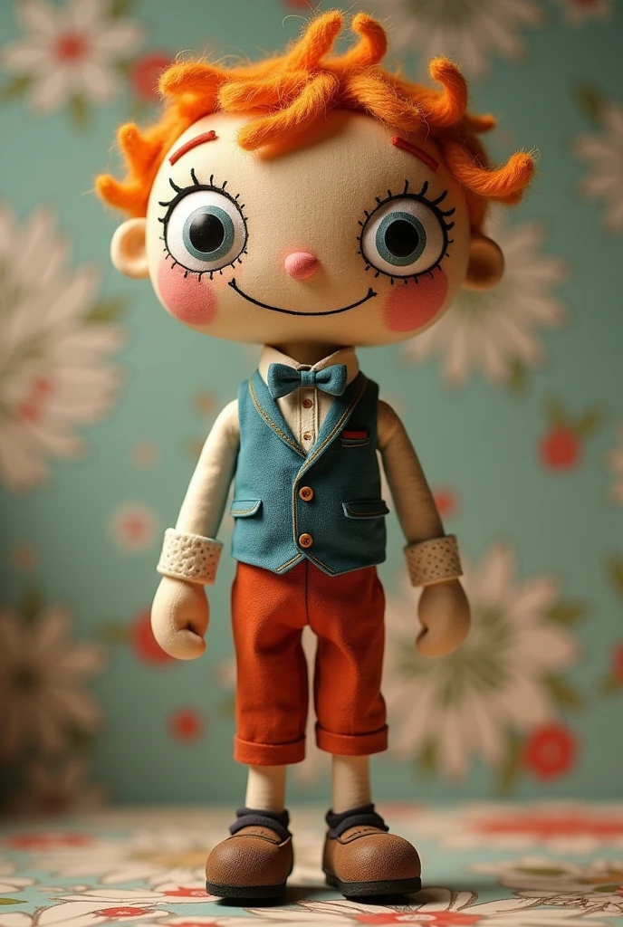 A rag doll made from recycled floor fabric, with a simply drawn face, more expressive. His limbs are thin and articulated, and he wears a stylized butler uniform, with a vest and bow tie.
anime styling.