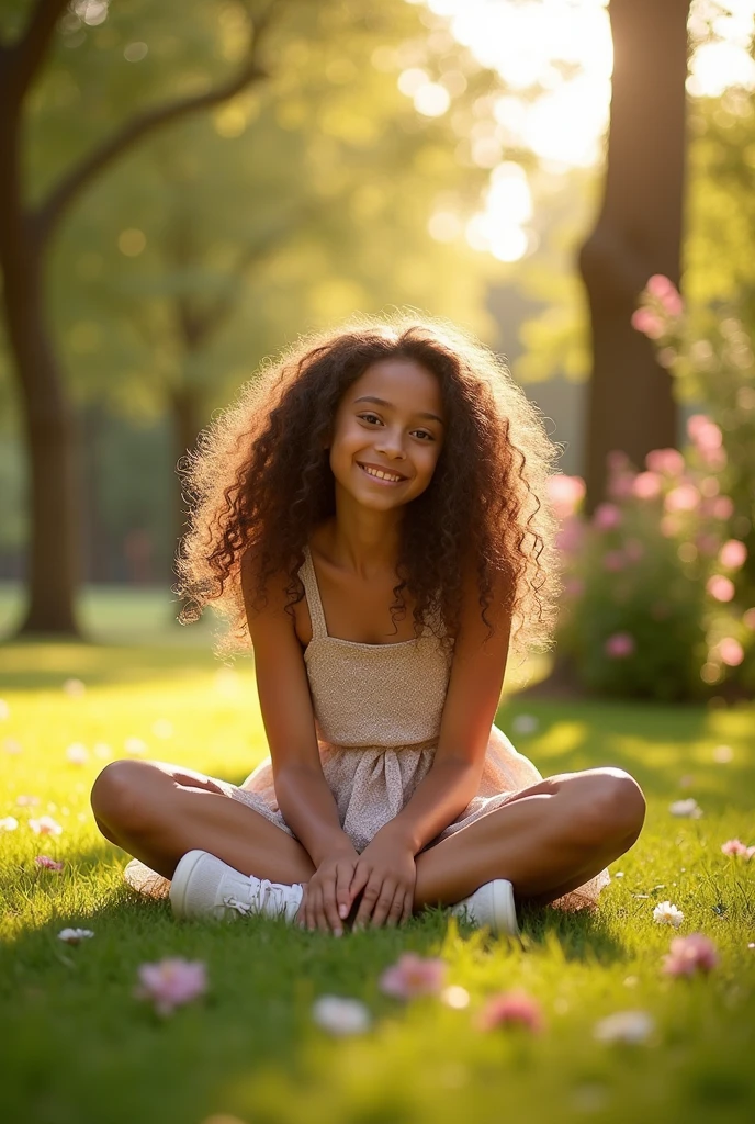 A brunette girl with curly hair and big breasts sits with her legs stretched out, taking a realistic photo