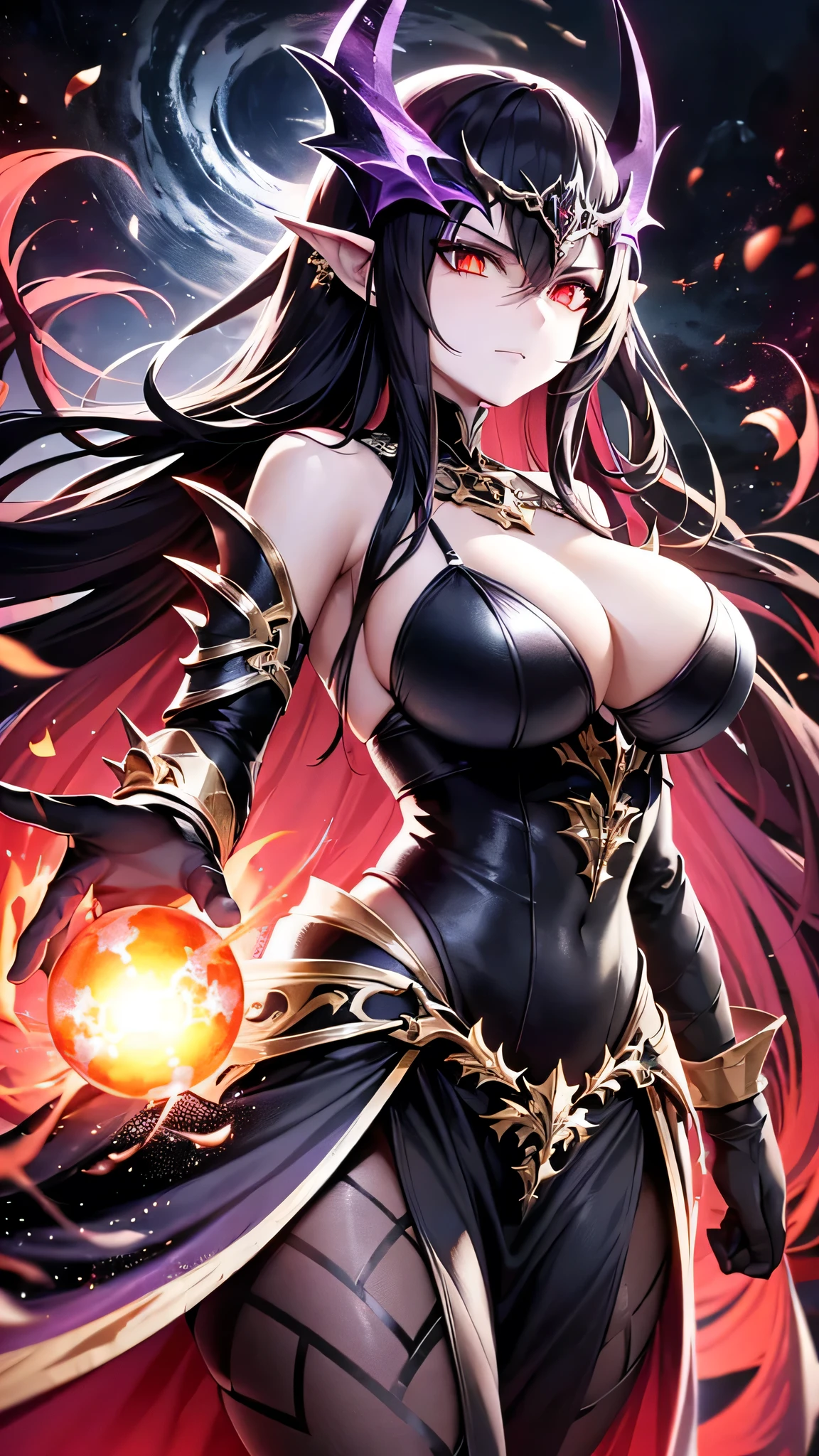 full body, The image features a dark, fantasy-themed female character who exudes power and mystery. She is clad in an elaborate, black armor that is detailed with gold accents and appears both menacing and regal. The armor is adorned with sharp, angular spikes, particularly on the shoulders, adding to her intimidating appearance. Her helmet is a significant feature, with large, curved horns that extend outward and upward, giving her a demonic or otherworldly look. The helmet partially obscures her face, but her eyes glow with a fierce, fiery light, suggesting she possesses powerful abilities or is of supernatural origin. A glowing orb is embedded in the center of her chest, radiating with bright, warm light. This orb is likely a source of great power or magic. Additionally, she holds two large, glowing orbs in each hand, which emit a strong, fiery light, further emphasizing her control over powerful forces. The background is a dark, rocky landscape under a twilight or night sky, with faint light illuminating the scene. The overall atmosphere of the image is intense and foreboding, suggesting that this character is a formidable presence in a dark fantasy world.