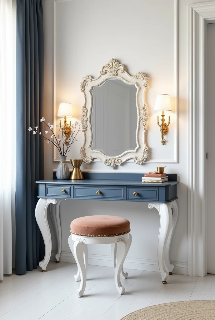 Professional 3d architecture rendering design of modern and gold French design for matte white and dark blue makeup table with beautiful mirror and white wall and elegant accessories and white mirror and light laminate floor