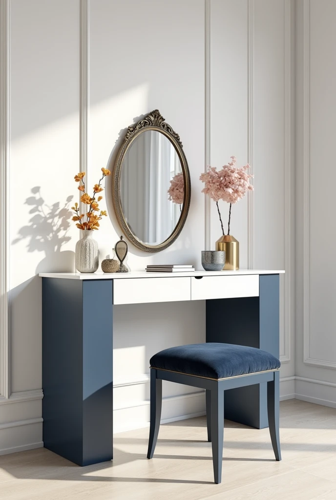 Professional 3d architecture rendering design of modern and gold French design for matte white and dark blue makeup table with beautiful mirror and white wall and elegant accessories and white mirror and light laminate floor