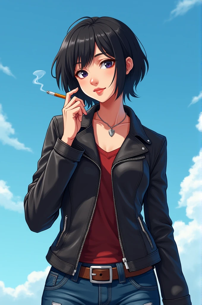 adult female with short black hair wearing a leather jacket and holding a cigarette with a blue sky as a background with cartoon style