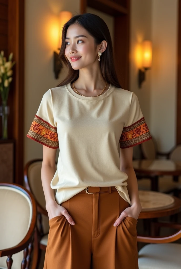 Female model. Modern style. Wearing a beige short-sleeved round-neck T-shirt with Vietnamese ethnic brocade patterns in orange, red, and brown with sleeve edges. A-line ankle-length skirt in solid brown with side pockets. Set in a luxurious wooden interior room. Cream walls. Table, chairs, lamps