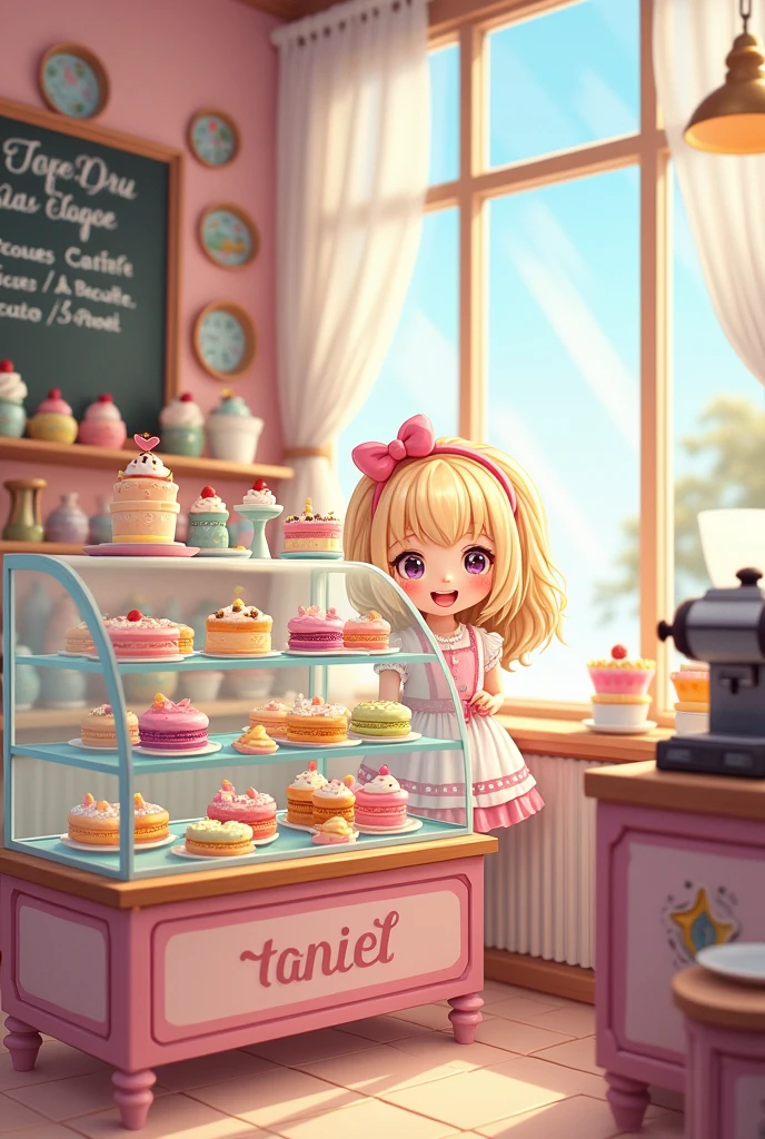 masterpiece, highly detailed, (chibi:1.3), , (1girl), blonde hair, pastel colors, cozy atmosphere, dessert display case, macarons, cupcakes, tarts, cakes, coffee machine, chalkboard menu, natural lighting, glass jars filled with candy, frosted window panes, decorative plates, whimsical decor, sugar sculptures,