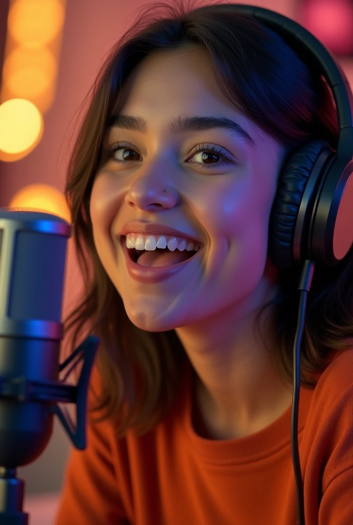 (masterpiece:1.3), (8k、Photorealistic, raw photo, best quality:1.4), (1 girl), (Alone), (cute, little:1.5), (very cute face:1.5), (Symmetrical perfect face),Create an image of a Mexican YouTuber, who has headphones on their head and is speaking into a podcast microphone, the image that is a profile, Volume Lighting, soft light, Bright, Bright colors, realistic, highest quality, photo-realistic, upper body close-up