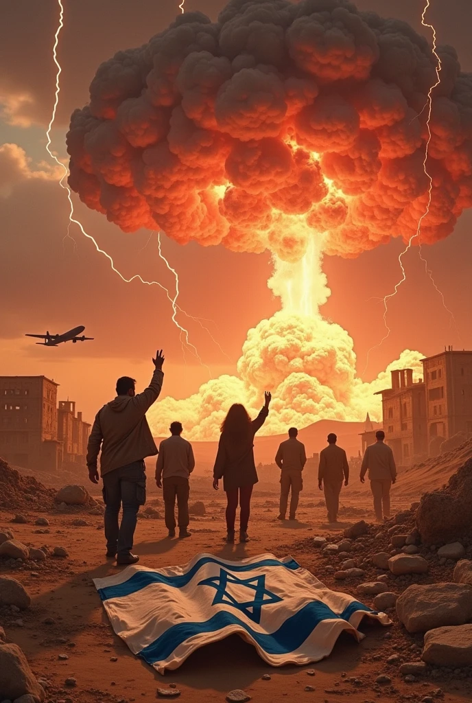 A rain of bombs falls amidst the sand, debris littering the destroyed landscape. There are five massive atomic bomb explosions, followed by large bolts of lightning in the sky, with red-tinged clouds. A tattered cloth with the image of Israel lies ripped and torn on the ground. Israeli men and women, wearing torn shirts, stand with their hands raised above their heads. The remains of buildings are leveled to the ground, with dust billowing into the air. A bomber plane flies overhead. 