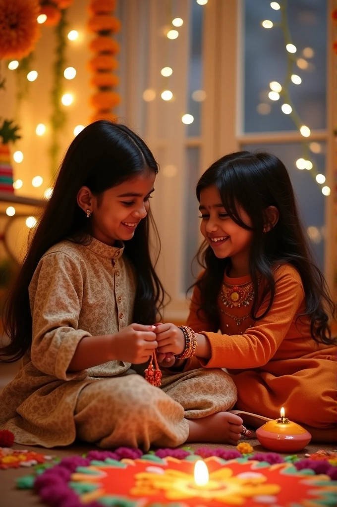 Create a image where a sister ties rakhi to his brother with a background happy rakshabandhan from kunal