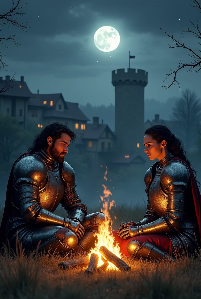 An image of a medieval man and women in night and shining armor sitting by a fire in the middle of a field with a medieval town in the backround, and the image is in the style of the dark souls video game 2d painted