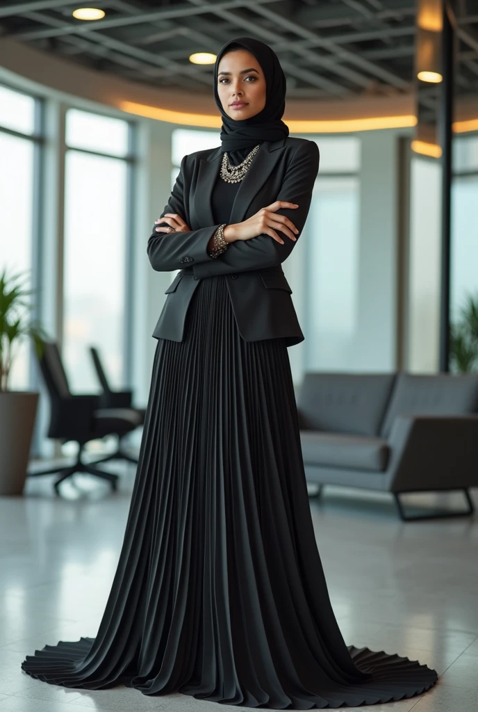 Hijabi women wear two-piece dress set, wear mulet pleat skirt, wear peplum blazer, skirt have a very long train about 7 meter long, wear jewellery, sexy pose in office room