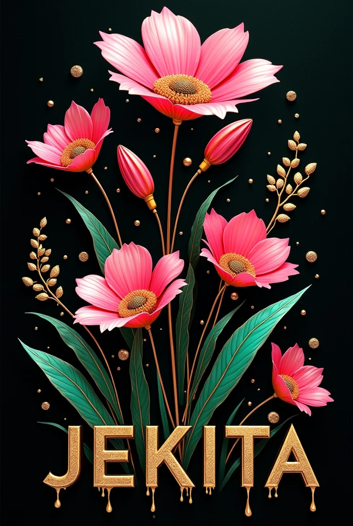A stylized led glow metallic flowers with pink-gold and black and green neon tones, set against a dark background. The flowers should have a sleek, elegant design with smooth curves and elongated features, giving it an abstract and luxurious appearance. Include additional golden embellishments that complement the main subject of the artwork with name. 'JEKITA' with adorned dripping gross big fonts, tipography