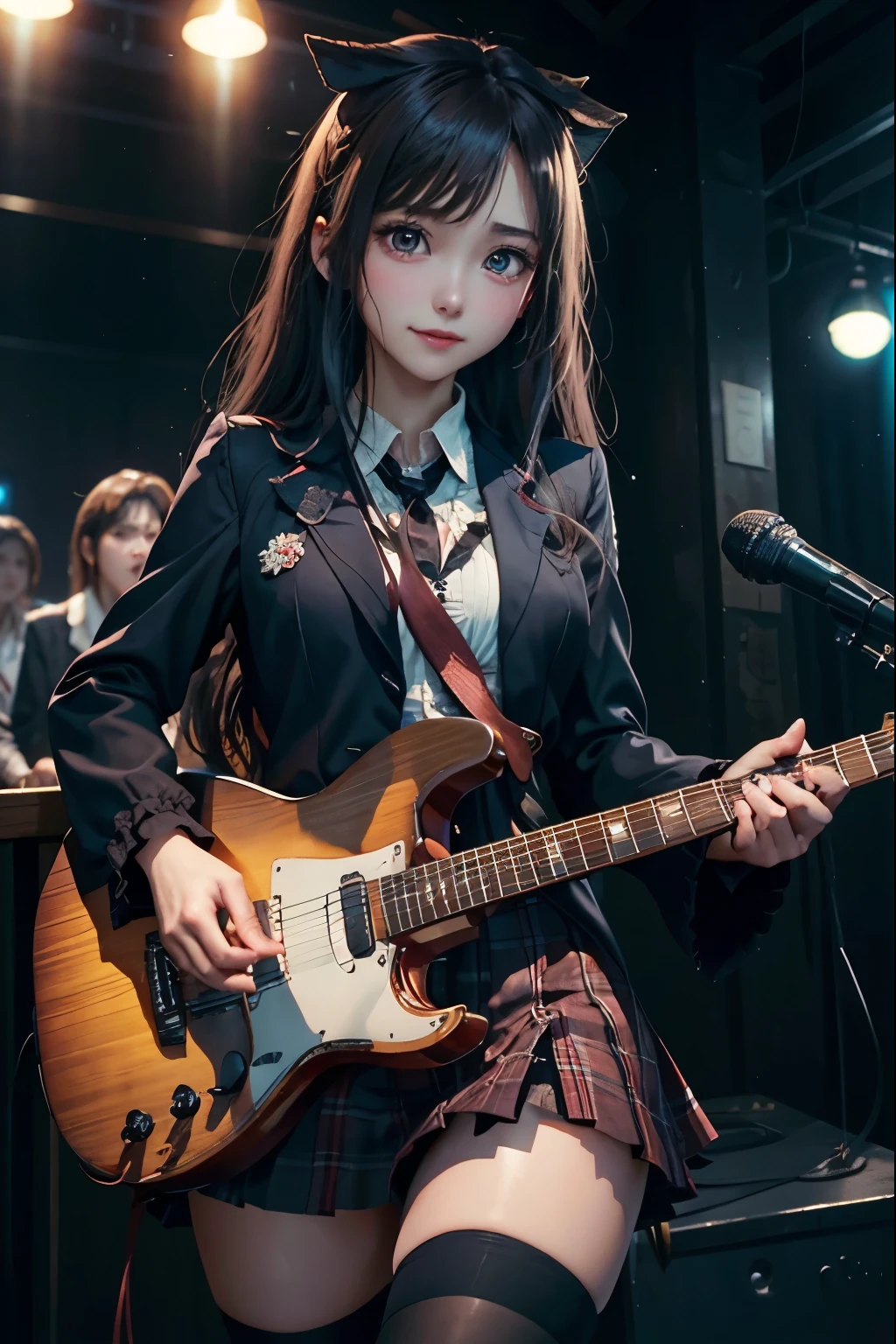 High school girl blazer、uniform、Red checked knee-length skirt、Long skirt、JK Style、Jacket、smile、Knee-high socks、Thigh-high socks、pantyhose、Extremely beautiful、Super cute、ennui、Rare Beauty、Dark black eyeshadow、sad、Skin radiance、Long Hair Straight Hair、Dark Gothic Makeup、Dark Smile、Fragrant beauty、Stained glass background、masterpiece、Highest quality、See 5 books、Sweat glistening on my chest、Sweat glistening on the face、Small breasts、22 years old、Slightly slim、Mysterious look、Sad look、Mysterious Gothic Church、enchanting castle、Excessive sweating all over the body、Thighsに大量の汗と光、光沢のあるThighs、Thighs、Thighsに大量の汗が光る、sweat profusely、Gal、Small breasts、Japanese face、Captivating look、細いThighs、play the guitar、I have a guitar、Enthusiastic singing、バンドでplay the guitar、Playing guitar chords、Background of the live music venue、Sing a song、Open your mouth、Scenery of a live music venue、Mike stand、Glamorous live stage、Dynamic Angles、Vivid straight long hair、delicate straight hair、