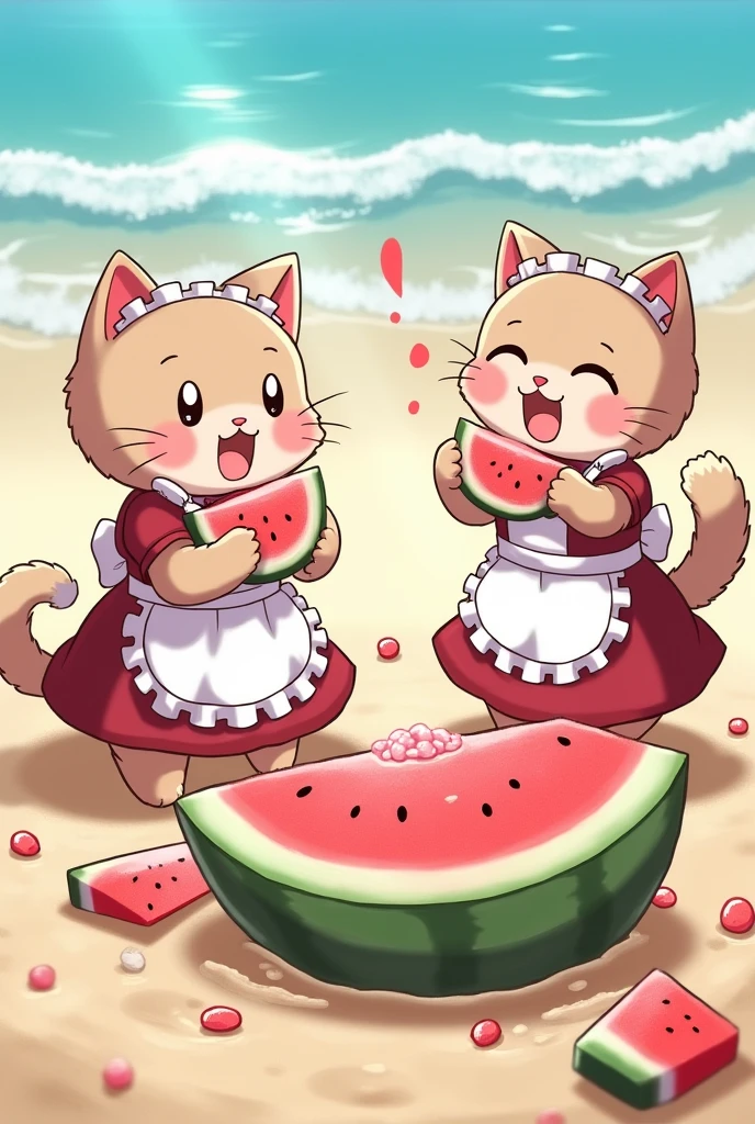 Anthropomorphic cats wearing maid outfits are playing watermelon smashing on the beach.、Eating watermelon、Anime illustration、beauty、high resolution、high quality、masterpiece