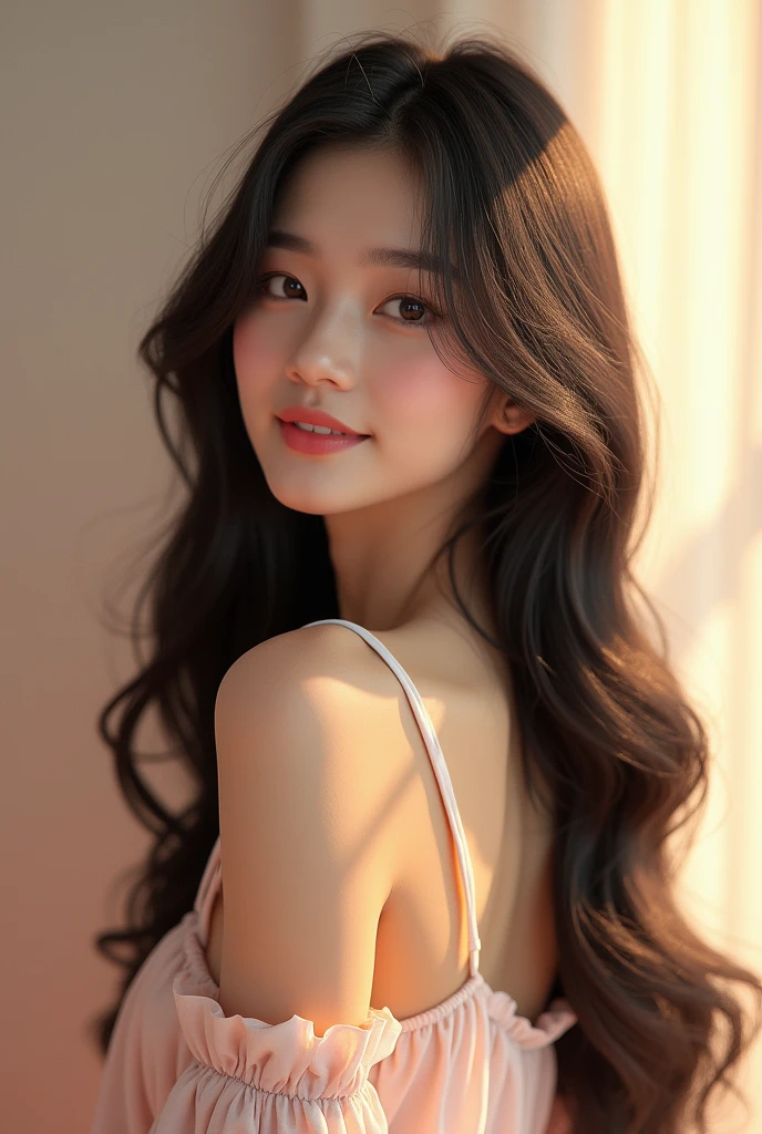 (photorealism:1.2), beautiful woman, 4k,realistic art,realistic woman,black hair,white skin, smirk, korea woman, long hair , curve body, sexy woman