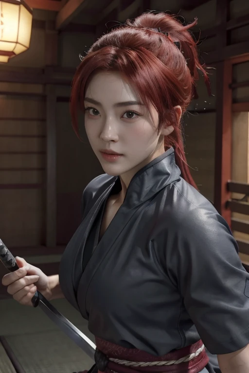 Highest quality,Ultra HD,Best AI Images, Full body photo,(beautiful face like a Japanese actress), ((Red Hair 1.2)，((Sweaty 1.4))，Very detailed vfx portrait of, Female Ninja, Japanese kunoichi, cgsociety and Zhong Feng Hua, Covert behavior, Female Ninja, ((Scene of fighting with a short sword)),Scene of fighting with a short sword1.3,Portrait of a Japan woman, , Trending on deviantart, ((Gray short ninja costume 1.5))，((sexy kunoichi,Big Breasts)), Japanese spy, 3D Rendering, (Beautiful Face 1.5), Key Visual, Vibrant, (((background 1 of a night mansion in the Sengoku period.5))), Very detailed, growing up,