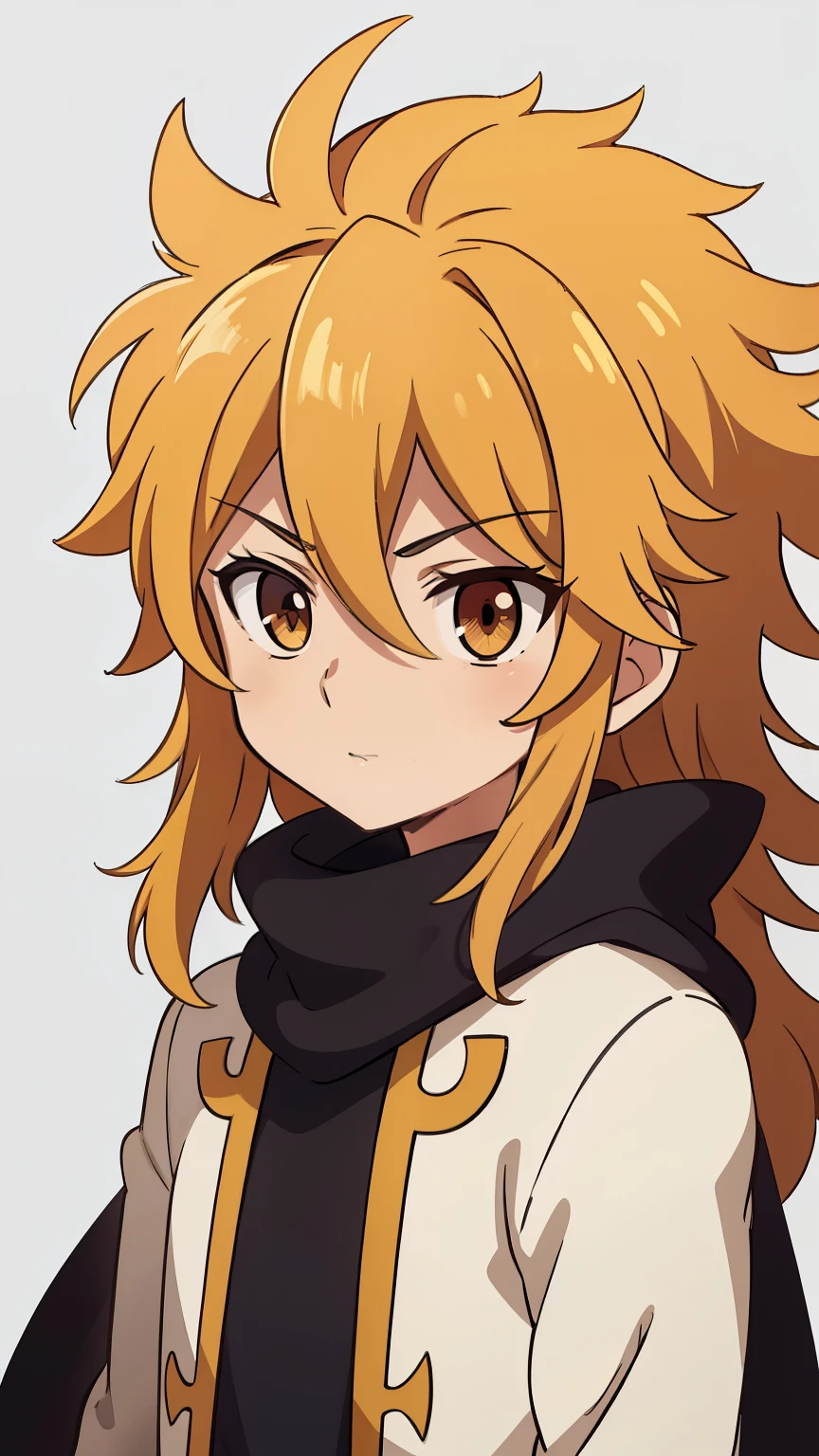 (high-quality, breathtaking),(expressive eyes, perfect face) 1male, boy, Symmetrical Eyes, solo, shota, adolescent age, young face, long hair length, fluffy wavy hair, light golden blonde hair color, slightly narrow eyes, masculine face, golden yellow color eyes, red scarf, hair between eyes, long sleeved black tunic, gold trim, age 7, portrait, narrow eyes, grey background, music, spiked hair, upper body, music notes background, short height, hypnos saint seiya, Shun hairstyle
