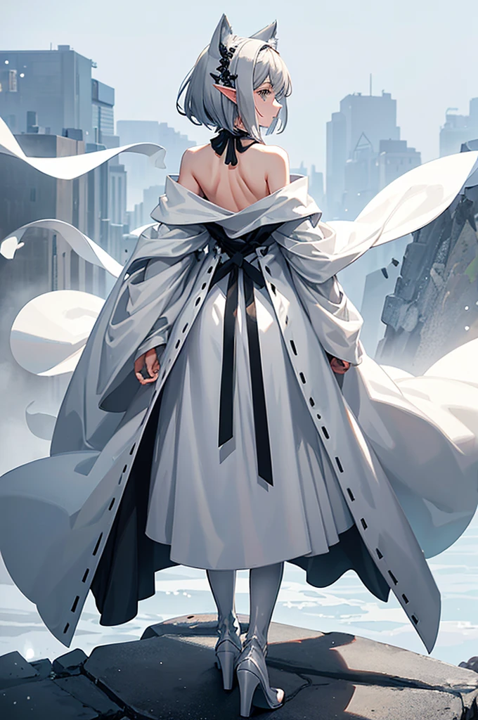 Gray and white shoulder-length short hair,Girl,Facing away from the camera,Elf ears,No headdress,No cat ears,Wear a magician's robe,cloak,hood,Long skirt,Boots,full-body shot,Back,Back photo,Don't face,No background,Do not take a frontal photo,Leave,leave