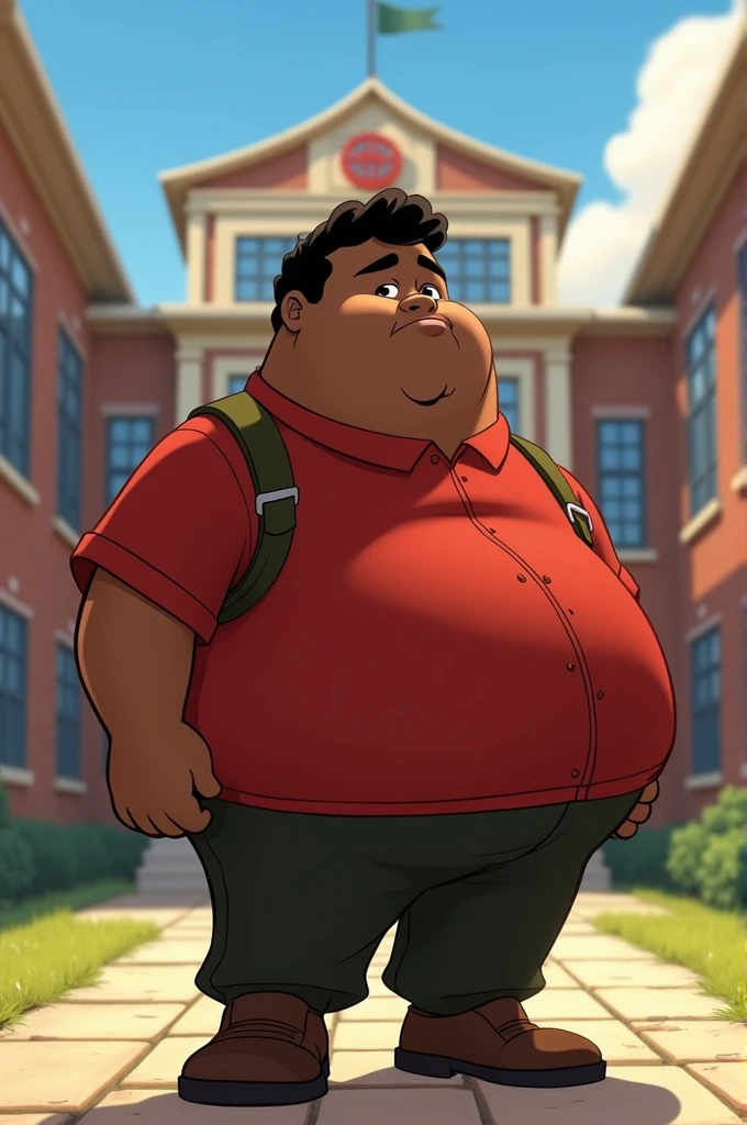 Create an animated poster for "THE GRAND FATHER2: The Revenge" by Disney. The picture must have a logo Disney and the title In the picture, there is a young fat black boy in front of a high school