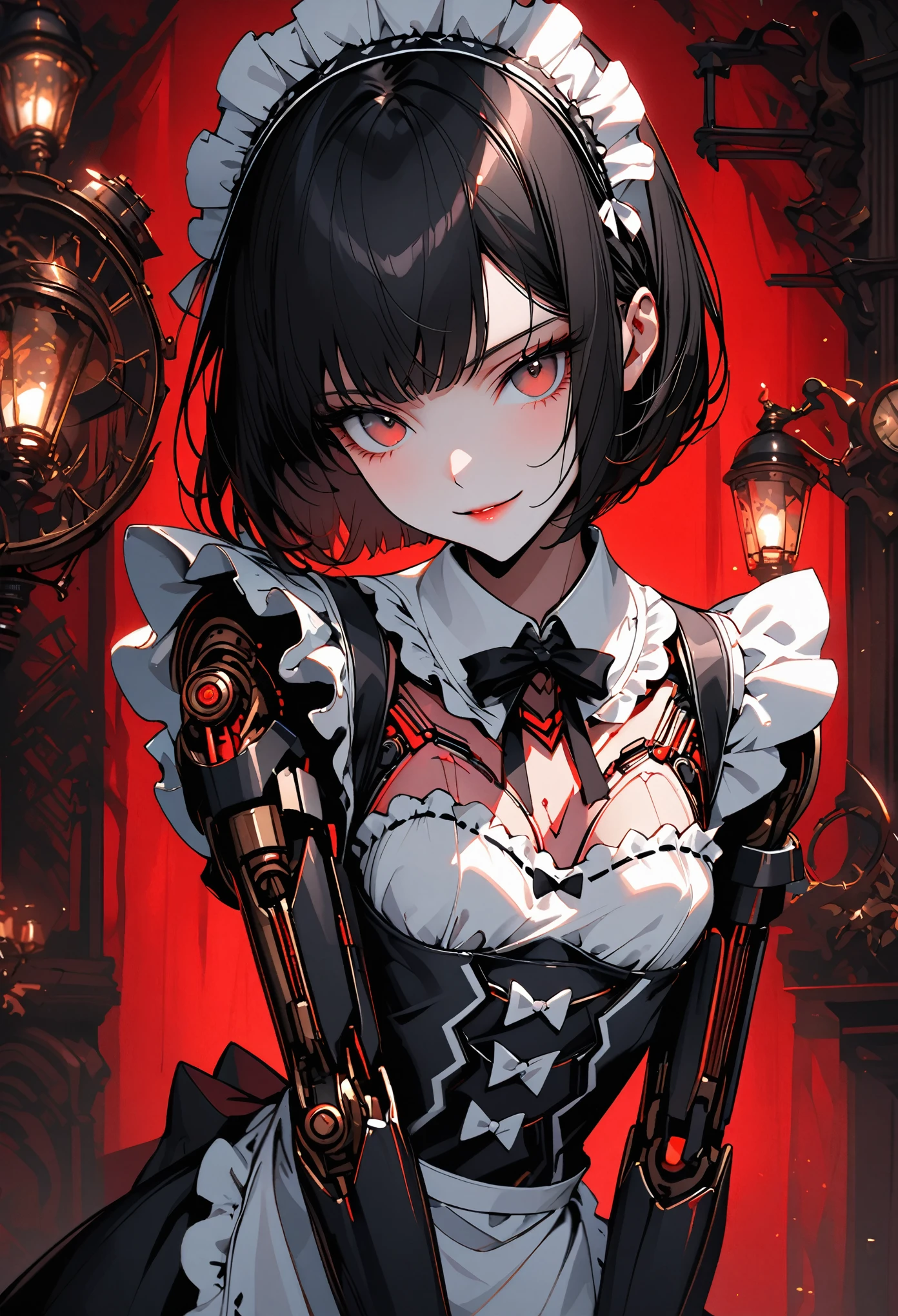 solo, female, close up, slender, small breasts, bob cut hair, clockwork robot maid, elegant, mansion, maid pose, gentle smile, maid uniform, robot joints, black hair, lamp, warm, red curtain, professional, thin waist, feminine, seams, barcodes, maid headdress, robots seams, adult