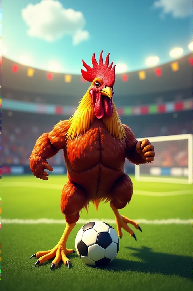 a strong rooster holding a soccer ball on a green soccer lawn.