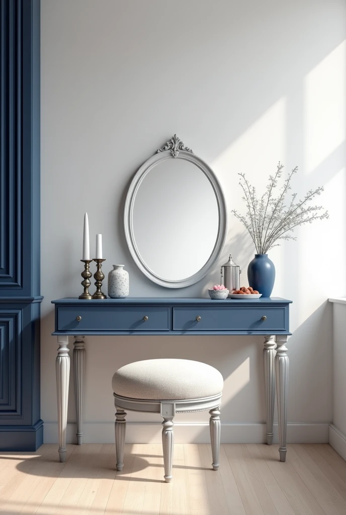 Professional 3d architecture rendering design of modern and gold French design for matte white and dark blue makeup table with beautiful mirror and white wall and elegant accessories and white mirror and light laminate floor