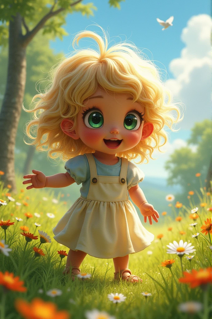 Create a , child, with slanted eyes, greenish brown in color. With almost dark blond hair and slightly dark skin
