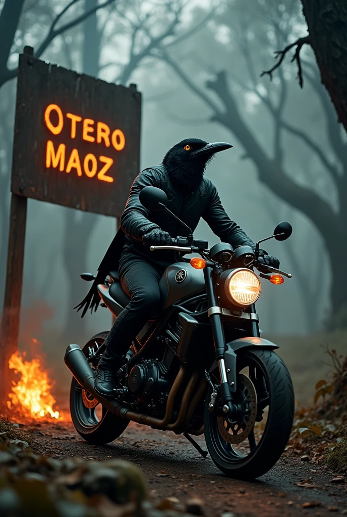 Northern Mockingbird, black color, riding a Yamaha FZ motorcycle, with a terrifying forest landscape, on a tree a sign in flames with the name: Otero Maoz.