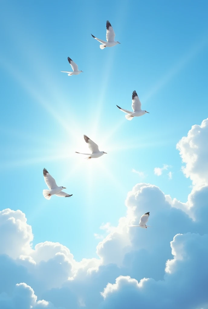 आकाश में उड़ते हुए पक्षियों का दृश्य। एक शांत नीला आसमान जिसमें सूर्य की रोशनी धीरे-धीरे फैल रही है, और पक्षी स्वतंत्रता का प्रतीक बनकर ऊँचाई की ओर बढ़ रहे हैं।""