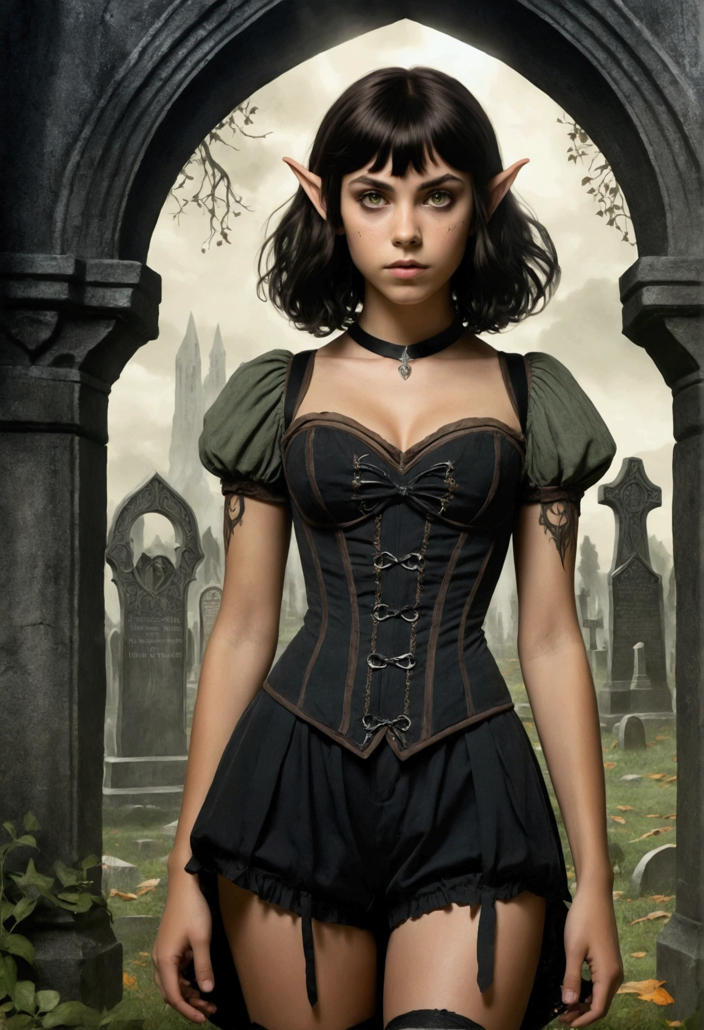 An illustrated movie poster, hand-drawn, full color, a age elven girl, wearing a black corset and bloomer shorts, tall, toned, athletic hourglass figure, long pointy elf ears, amber eyes, dark hair, shaggy bob cut with thick bangs, deep sun-tanned skintone, freckles, standing in a spooky gothic cemetery, graphite shading, stencil marks, airbrushed acrylic paint, masterpiece, in the style of the Lord of the Rings