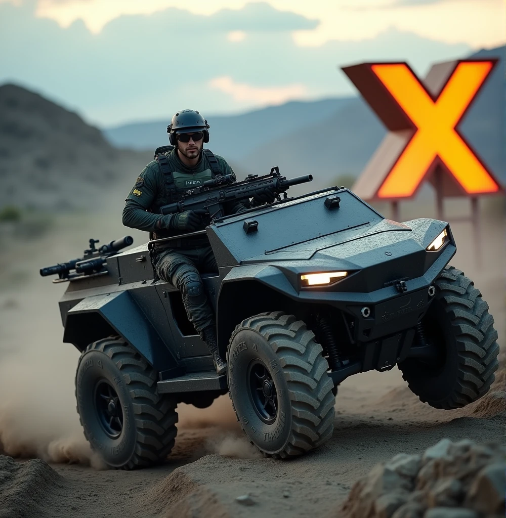 A highly trained Swedish special forces soldier, driving a futuristic armored Tesla Cybertruck equipped with machine guns and rocket launchers, performing adrenaline-fueled wheelies  around a massive X logo sign, wielding an imposing heavy machine gun, a swedish flag on the back of the truck, cinematic, dramatic lighting, hyper-realistic, 8K, 3D render, photorealistic, chiaroscuro, moody, gritty, military, tactical, advanced technology, dynamic pose, muscular physique, tactical gear, serious expression, rugged environment, stunning visuals, powerful, intense
