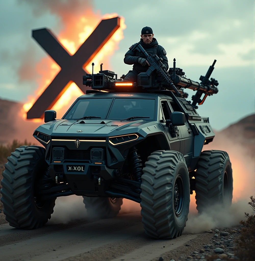 A highly trained Swedish special forces soldier, driving a futuristic armored Tesla Cybertruck equipped with machine guns and rocket launchers, performing adrenaline-fueled wheelies around a massive X logo sign, wielding an imposing heavy machine gun, a swedish flag on the back of the truck, cinematic, dramatic lighting, hyper-realistic, 8K, 3D render, photorealistic, chiaroscuro, moody, gritty, military, tactical, advanced technology, dynamic pose, muscular physique, tactical gear, serious expression, rugged environment, stunning visuals, powerful, intense