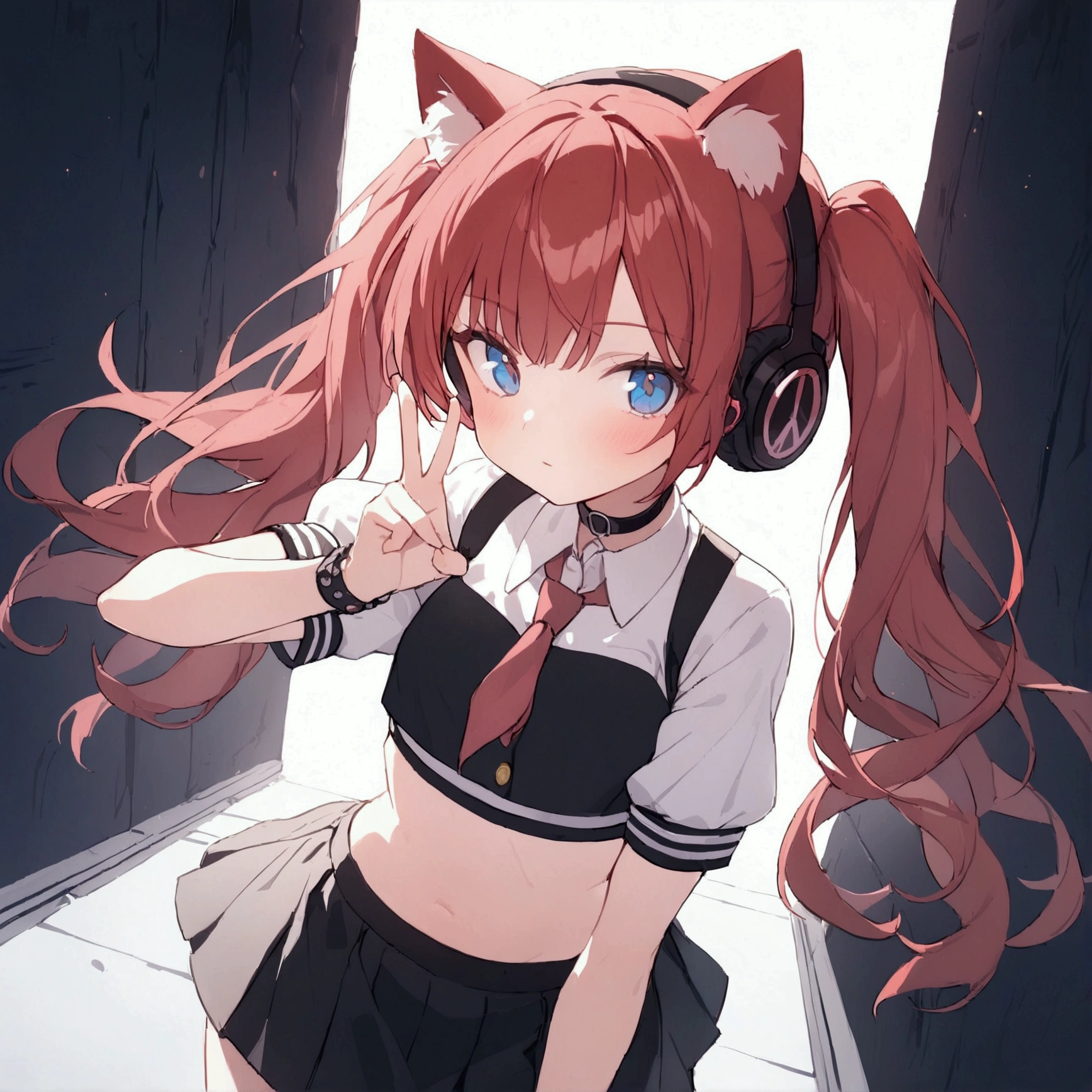1girl, bottom heavy, red hair, twintails, cat ears, headphones, black skirt, crop top, schoolgirl outfit, peace sign, blue eyes