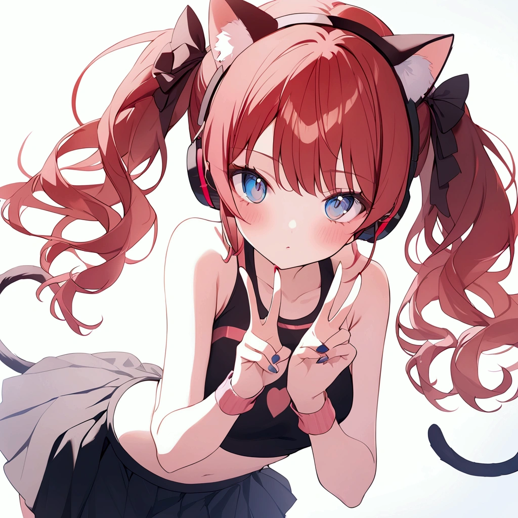 1girl, bottom heavy, red hair, twintails, cat ears, headphones, black skirt, crop top, schoolgirl outfit, peace sign, blue eyes