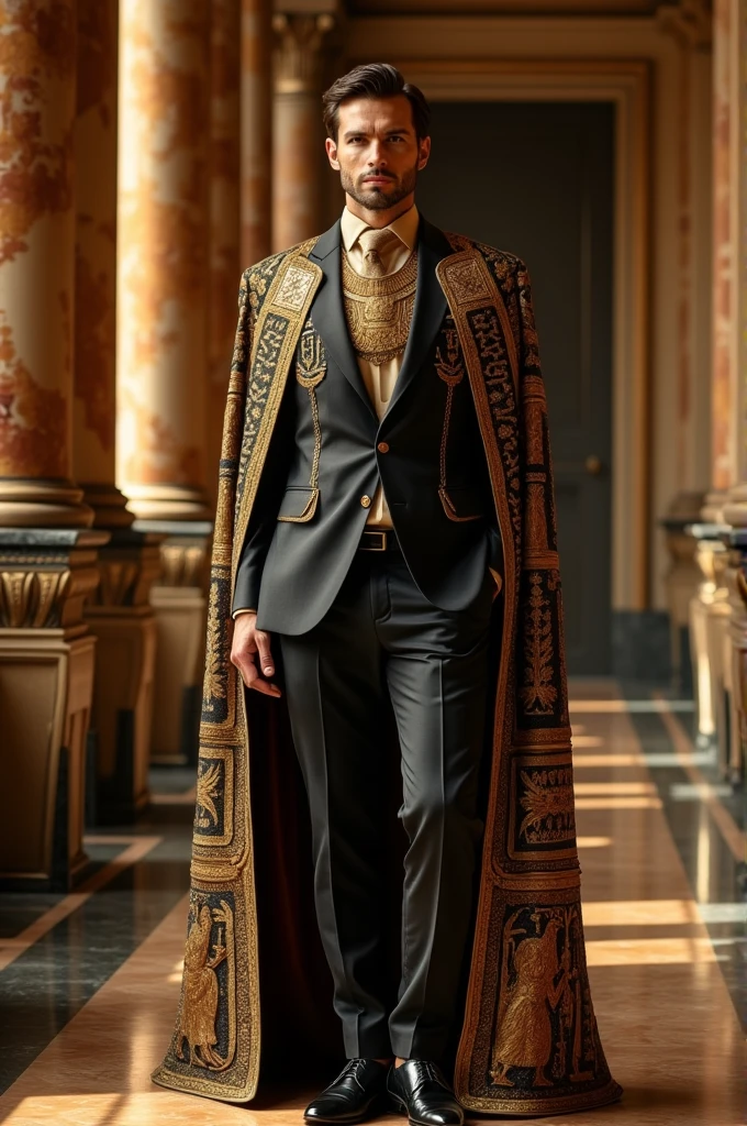 Create an illustration reimagining what a fusion of a businessman's formal social style with the attire of pharaohs would look like. 