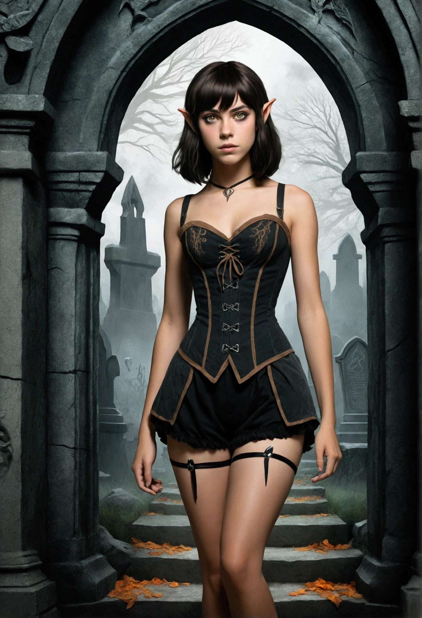 An illustrated movie poster, hand-drawn, full color, a age elven girl, wearing a black corset and bloomer shorts, tall, toned, athletic hourglass figure, long pointy elf ears, amber eyes, dark hair, shaggy bob cut with thick bangs, deep sun-tanned skintone, freckles, standing in a spooky gothic cemetery, graphite shading, stencil marks, airbrushed acrylic paint, masterpiece, in the style of the Lord of the Rings