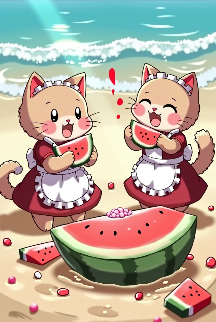Anthropomorphic cats wearing maid outfits are playing watermelon smashing on the beach.、Eating watermelon、Anime illustration、beauty、high resolution、high quality、masterpiece