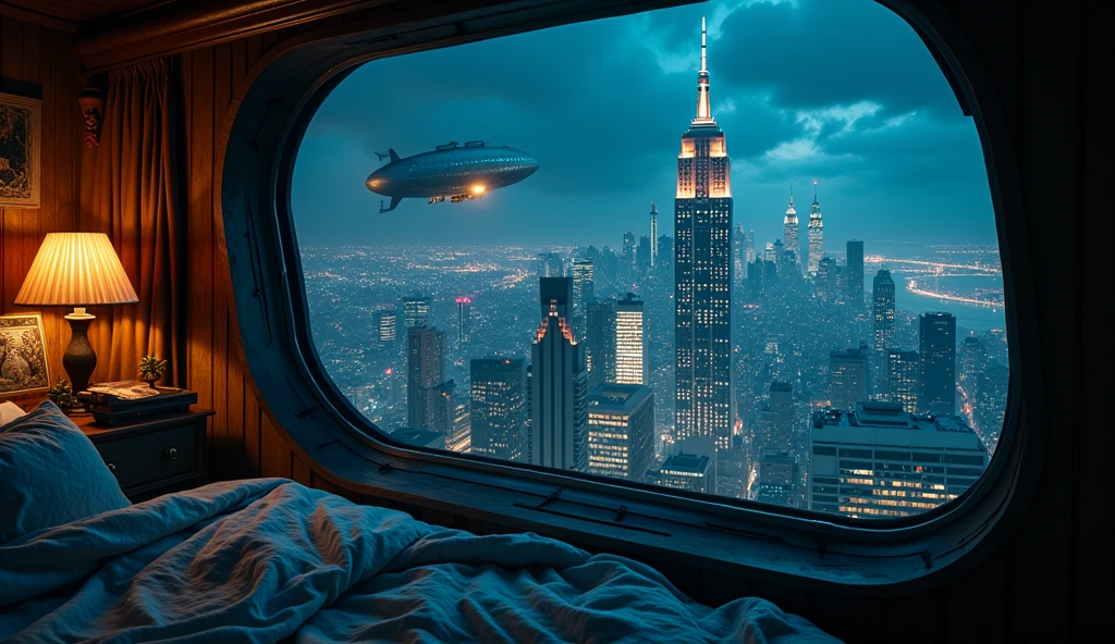 Night view of skyscrapers from an airship cabin, (Ultra-high resolution,8k),Fantasy, The world of picture books, (Highest quality)