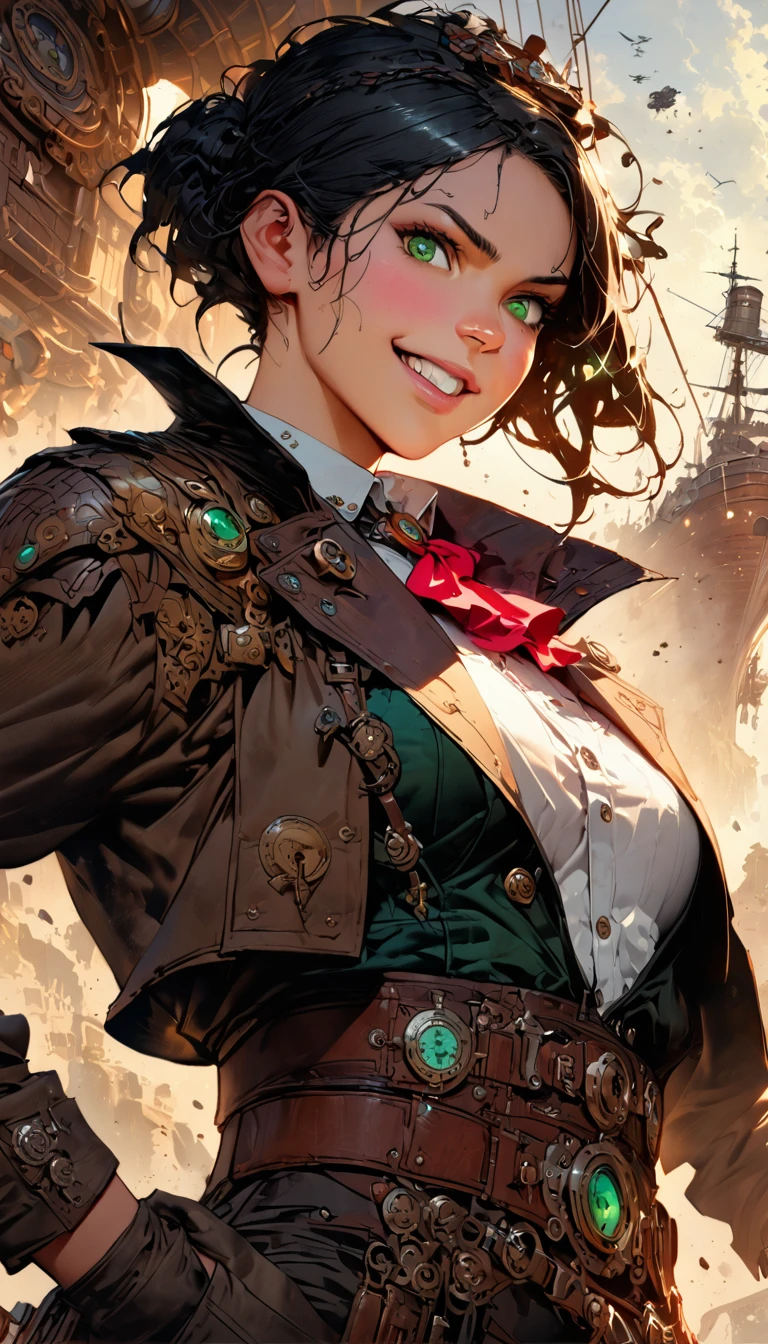 best quality,4k,8k,highres,masterpiece:1.2),ultra-detailed,extremely detailed eyes, extremely detailed body, (large masterpiece digital art), (detailed manga illustration), (detailed line art), ((perfect anatomy)), (intricate details:1.3), (ultra-detailed:1.3), (illustration:1.3), (sharp focus:1.3), (natural lighting:1.05), (vivid colors:1.3), (masterpiece), (best quality:1.4), (perfect anatomy:1.4), high quality, expressive eyes, full body, detailed face, beautiful face, perfect face, {1 man}, gloves, Steampunk clothes, black top, jacket, black jacket, {short hair}, {{dark skin}}, dark-skinned male, detailed ((black hair)), pants, belts, messy hair, detailed sea-green eyes, toned, dynamic lighting, 4k resolution, dynamic pose, smiling, cinematic lighting, dramatic atmosphere, fantasy, steampunk, Atey Ghailan, Jeremy Mann, Greg Manchess, Antonio Moro, trend in ArtStation, trend in CGSociety, Intricate, High Detail, Sharp focus, dramatic and photorealistic painting art by Midjourney and Greg Rutkowski, Jeff Bridges, ((cartoon style)), Marvel Cinematic Universe style, (((airship in the background))),