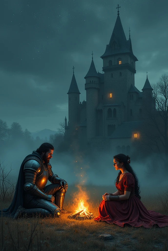 An image of a medieval man and women in night and shining armor sitting by a fire in the middle of a field with a medieval town in the backround, and the image is in the style of the dark souls video game 2d painted, with no 3d details