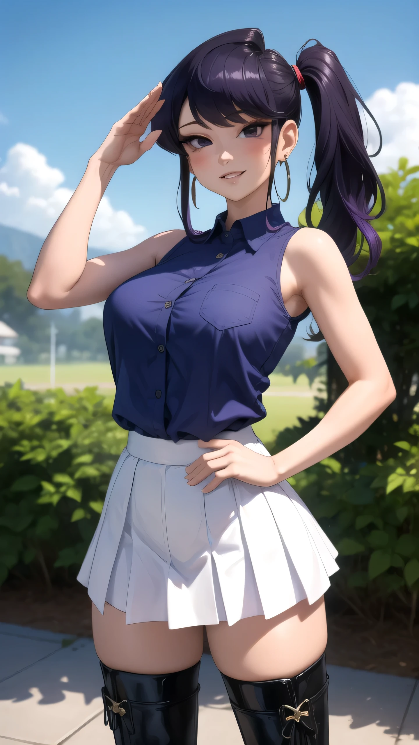 masterpiece, best quality, highres, komi shouko, purple hair, long hair, side ponytail, blue ribbon, large breasts, earrings, thigh boots, blue shirt, sleeveless shirt, white skirt, hand on hip, salute, smile, outdoors, cowboy shot