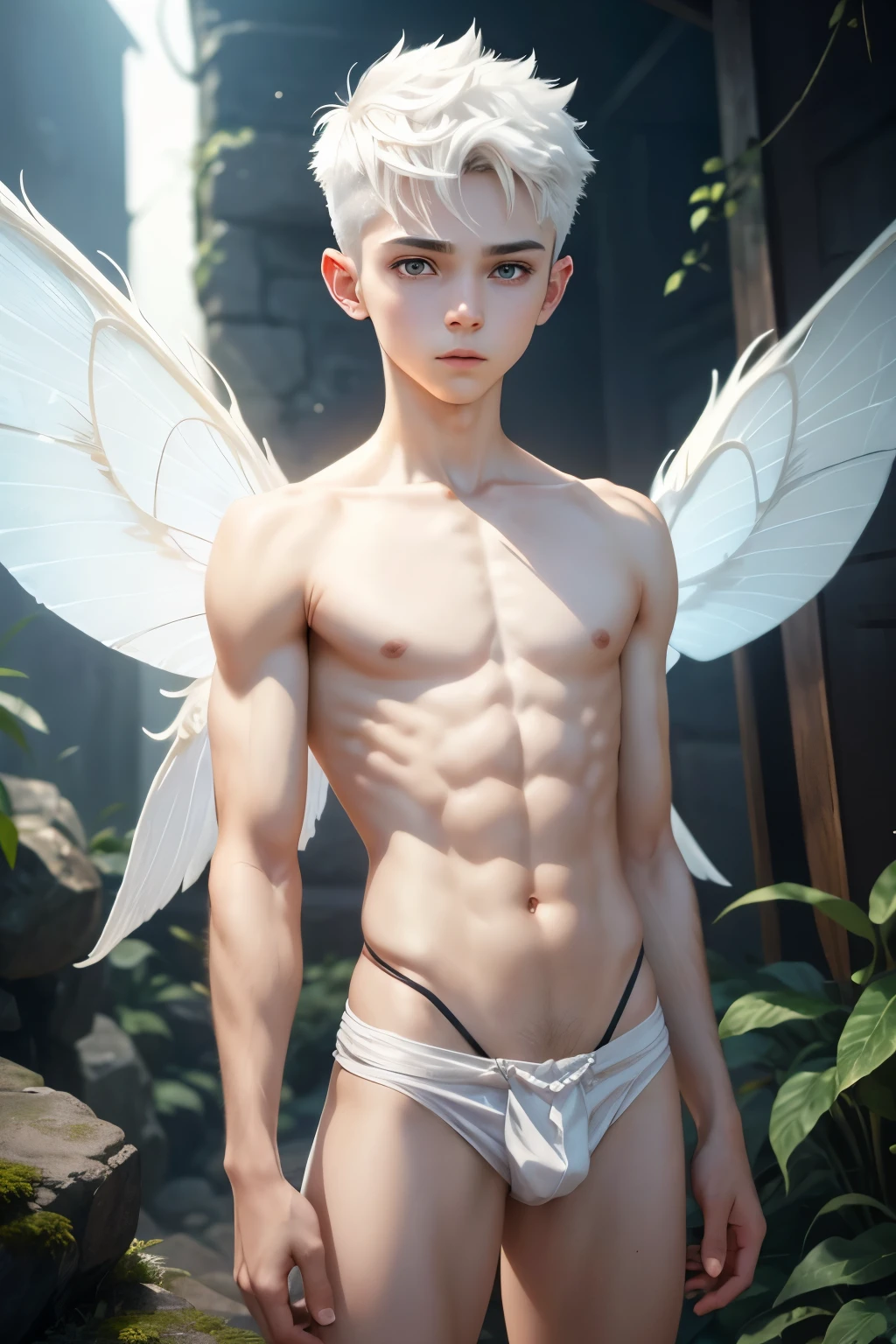 1boy, young male, , fairy, innocent face, cute face, youthful face, white eyes, fairy wings, white fairy wings, medium hair, white hair, undercut, hair half shaved, thin body, muscular, short, sexy, skimpy, loincloth, minds eye, psychic, psionic