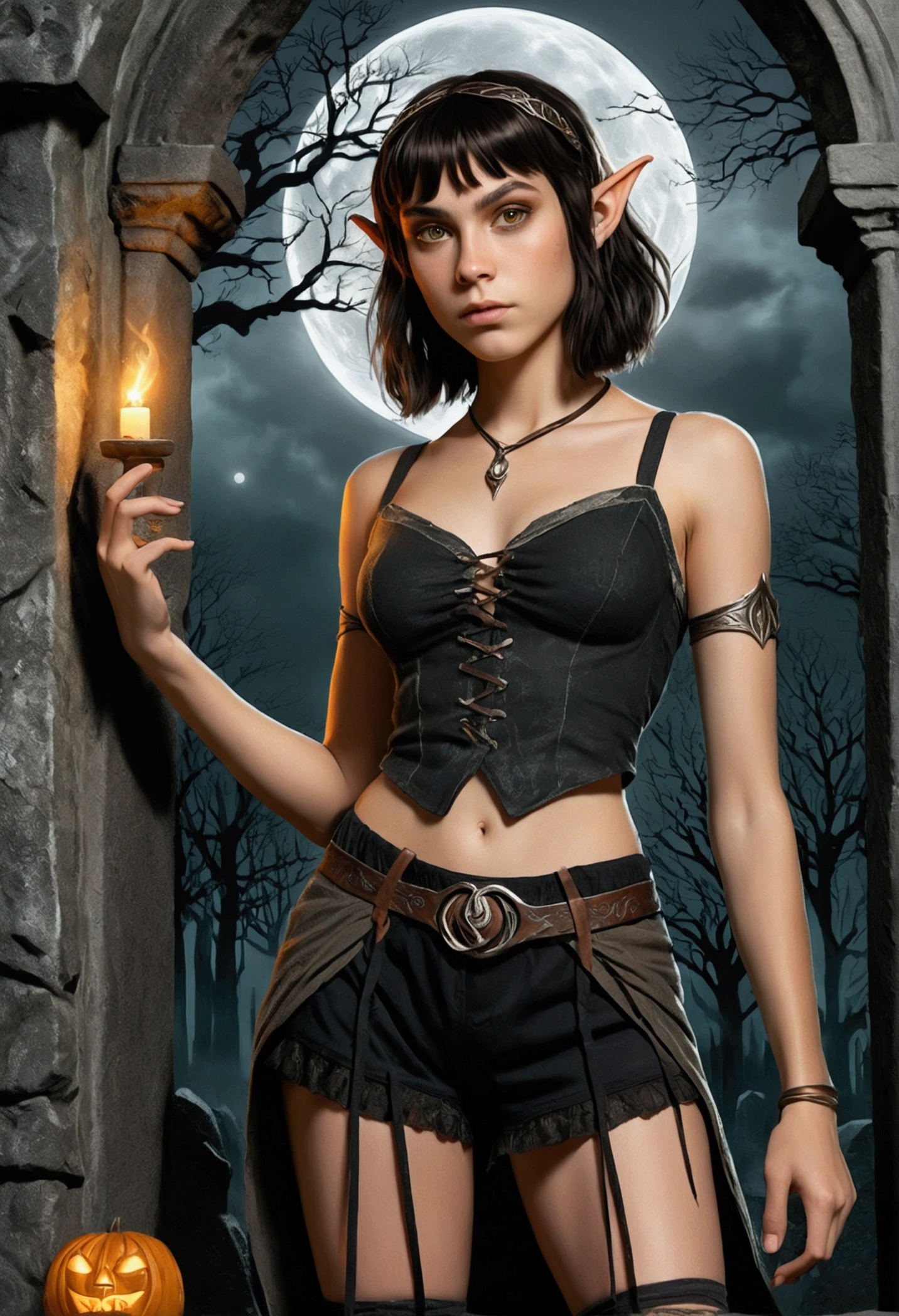 An illustrated movie poster, hand-drawn, full color, a teenage elven girl, wearing a black bralette and bloomer shorts, tall, toned, athletic hourglass figure, long pointy elf ears, amber eyes, dark hair, shaggy bob cut with thick bangs, deep sun-tanned skintone, freckles, standing in a spooky gothic cemetery, graphite shading, stencil marks, airbrushed acrylic paint, masterpiece, in the style of the Lord of the Rings
