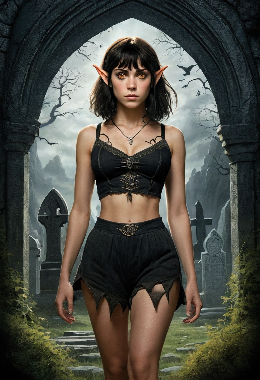 An illustrated movie poster, hand-drawn, full color, a teenage elven girl, wearing a black bralette and bloomer shorts, tall, toned, athletic hourglass figure, long pointy elf ears, amber eyes, dark hair, shaggy bob cut with thick bangs, deep sun-tanned skintone, freckles, standing in a spooky gothic cemetery, graphite shading, stencil marks, airbrushed acrylic paint, masterpiece, in the style of the Lord of the Rings