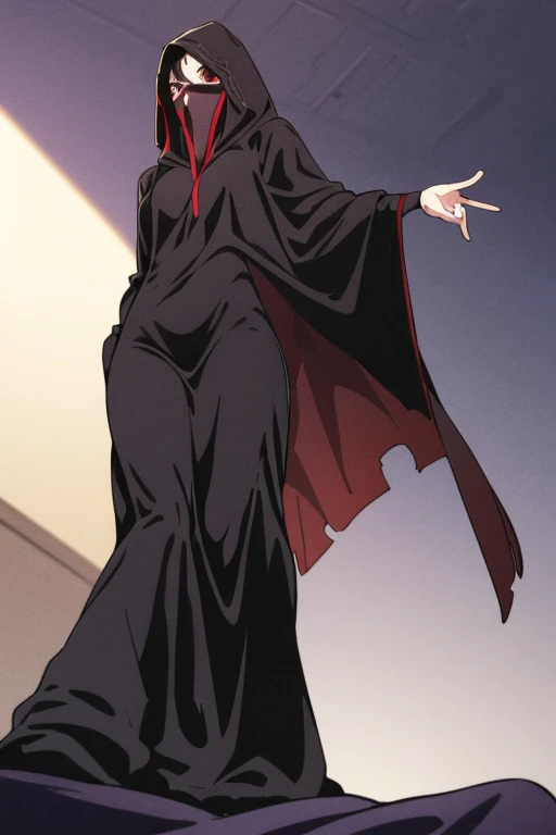 NNAssassinFSF, 1girl, solo, black hair, red eyes, long cape sleeves, sleeves covered hands, no hands, dress, long cape, cape, black cloak, hood up, black robe, covered mouth, hooded cloak, ((masterpiece, best quality)) rooms, bedroom, laying down, from below