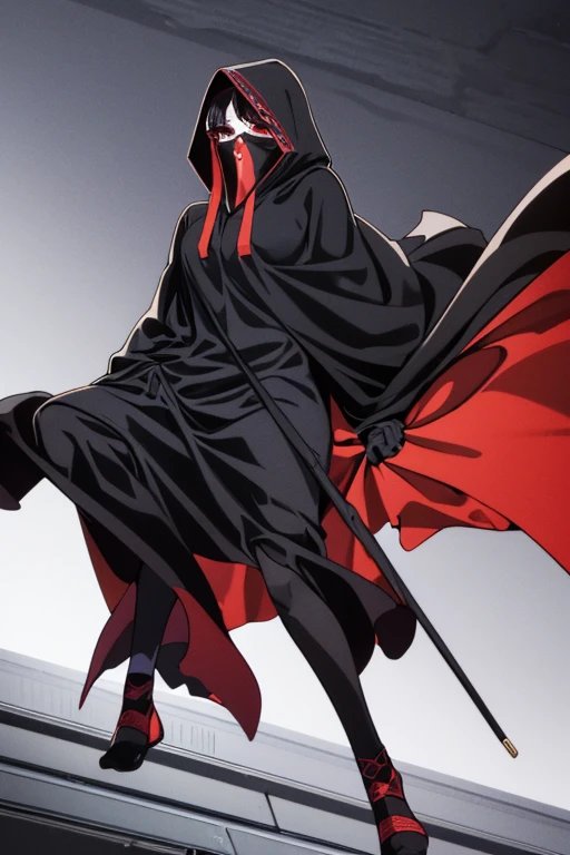 An anime villain, with bright and dark eyes, A long cape, I can&#39;t see your face, but you can see his scary eyes and his evil smile, in the background black theme, murky
