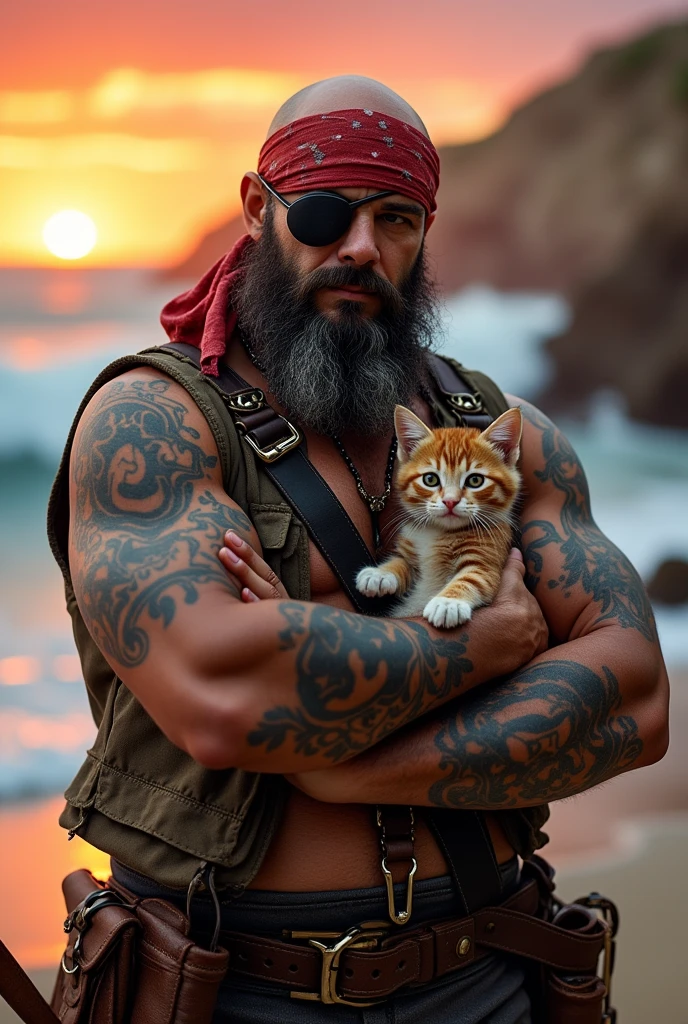 Bald muscular pirate with a cute kitten 
