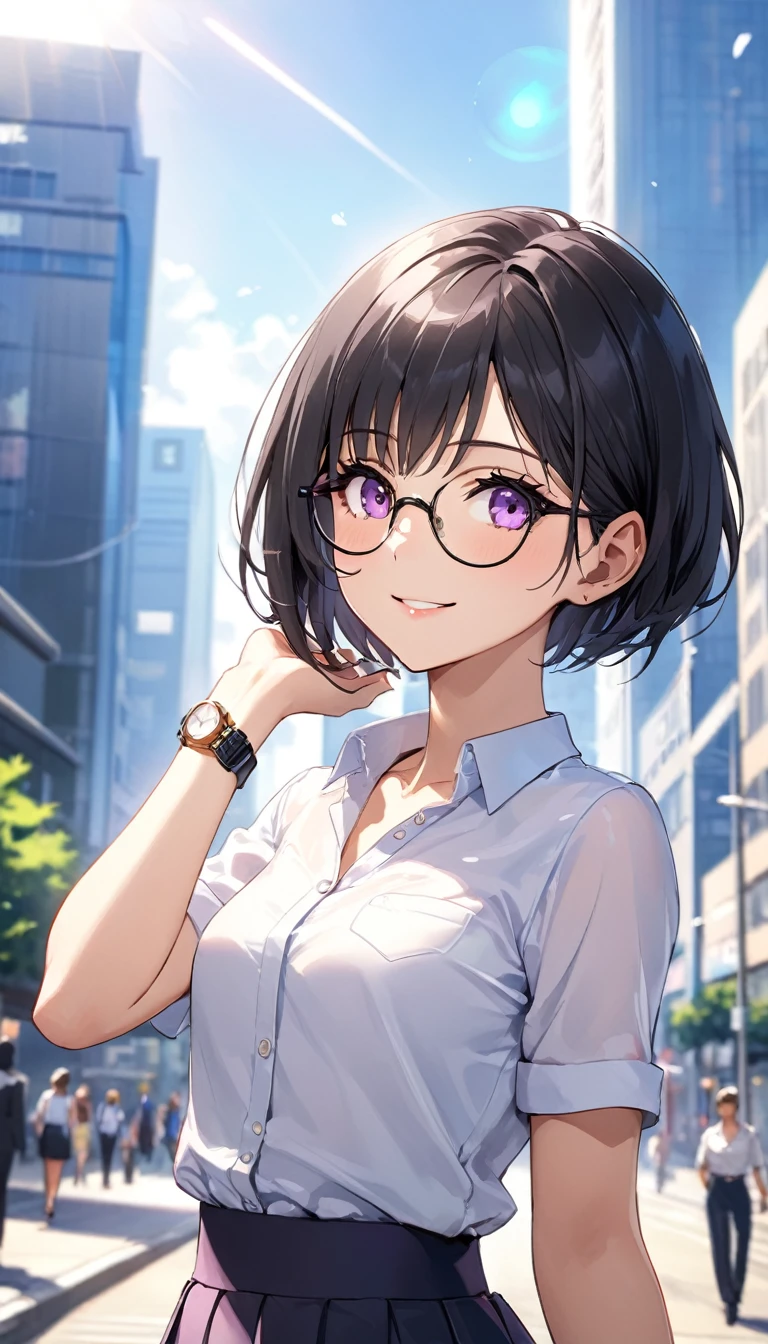 Highest quality、Best image quality、masterpiece、Anime Style、a girl、Beautiful Eyes、black hair, purple eyes、short pixie cut、(flat chest)、slender、Tight waist、Round Glasses、Natural smile, office lady, skirt, noon、Outdoor、upper body, Natural light、Shallow depth of field、looking Watches, Watches, In the office district、skyscraper、Lens flare