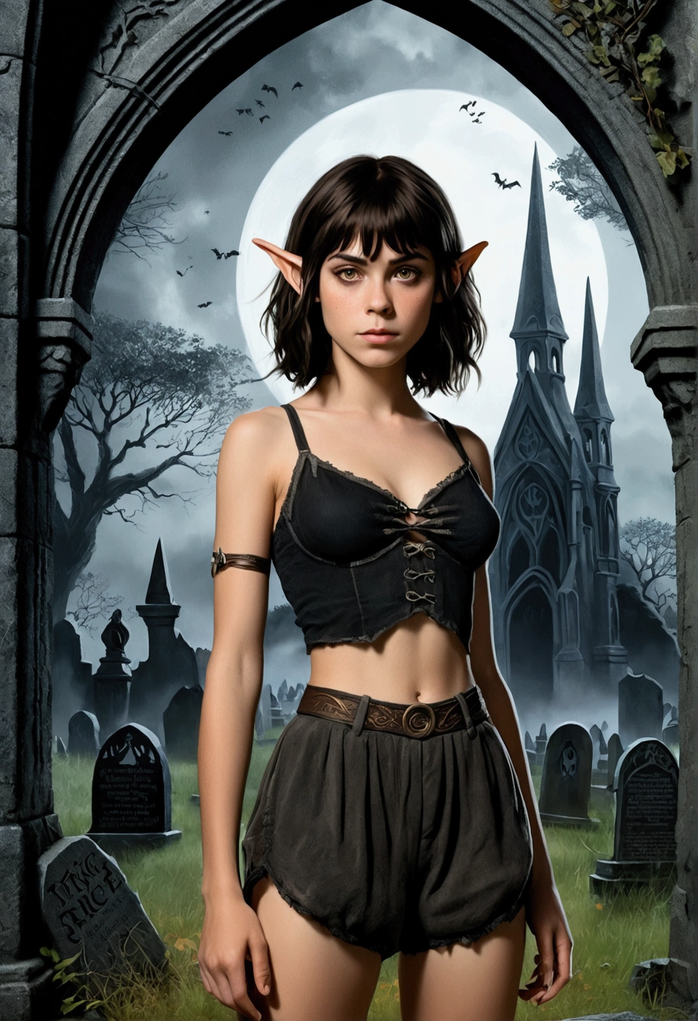 An illustrated movie poster, hand-drawn, full color, a teenage elven girl, wearing a black bralette and bloomer shorts, tall, toned, athletic hourglass figure, long pointy elf ears, amber eyes, dark hair, shaggy bob cut with thick bangs, deep sun-tanned skintone, freckles, standing in a spooky gothic cemetery, graphite shading, stencil marks, airbrushed acrylic paint, masterpiece, in the style of the Lord of the Rings